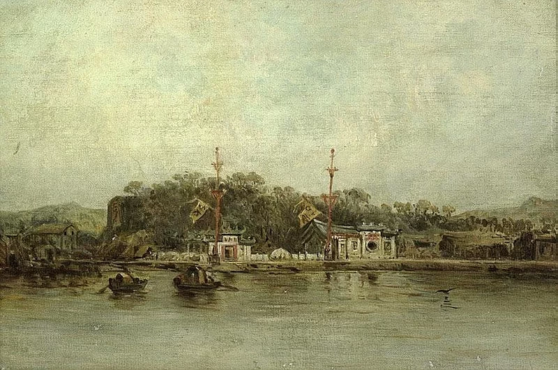 Julie Wilhelmine Hagen - Schwarz, Vista attraverso un fiume verso un villaggio con piccoli templi